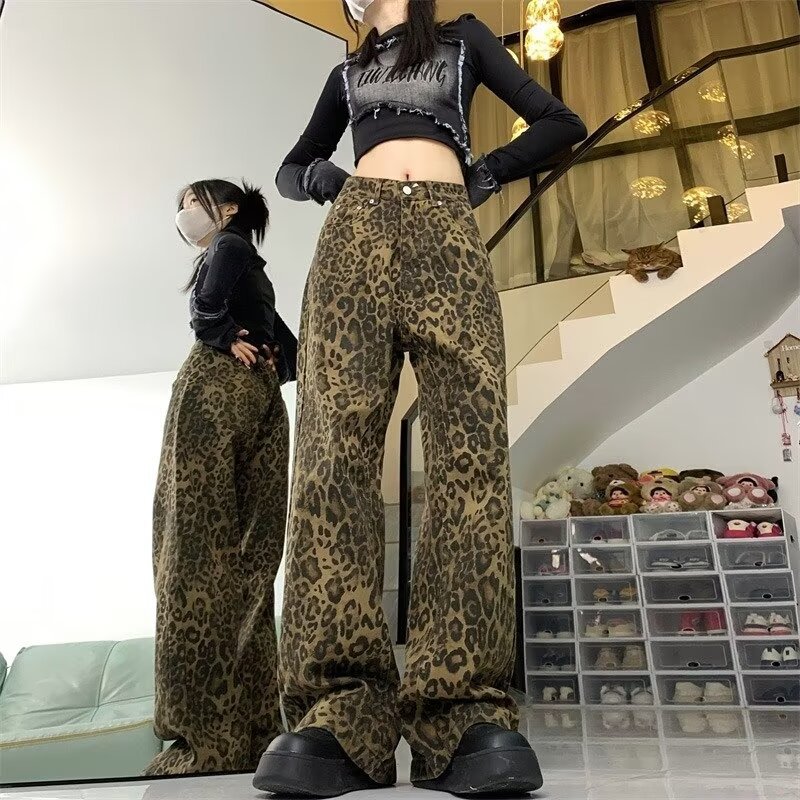 American Style Retro Leopard Print Jeans Women's and Men's Summer Trendy Brand Niche Wide Leg Pants Loose Dose Casual Pants Belt