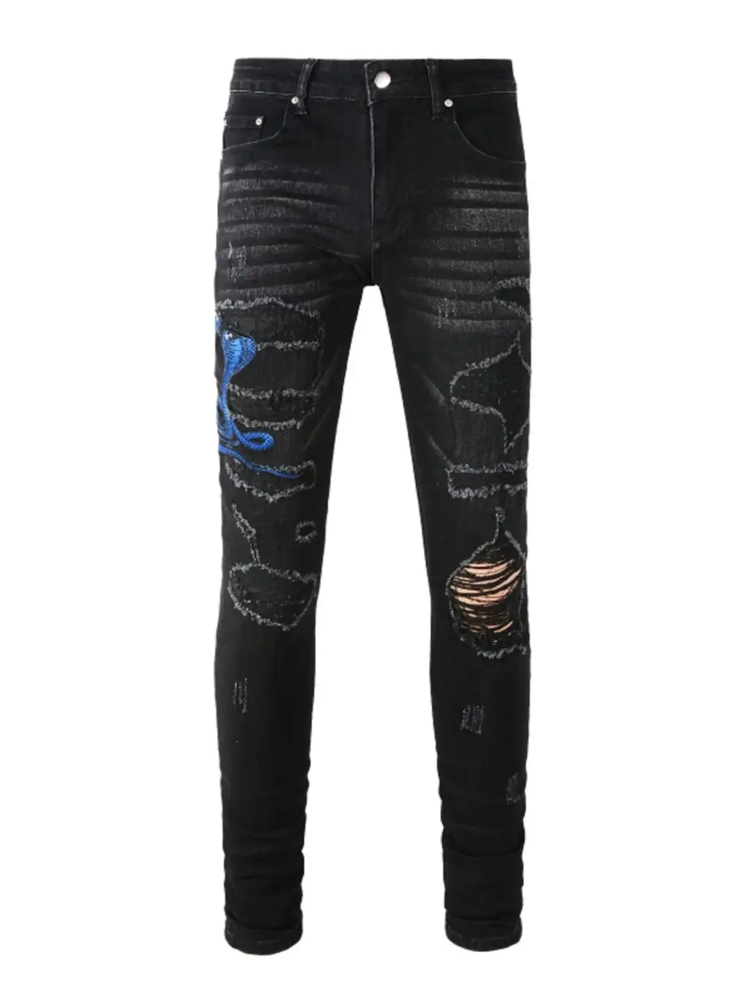 High street trendy brand AMR new black snake embroidery scraped hole jeans men's stretch slim fit small leg pants