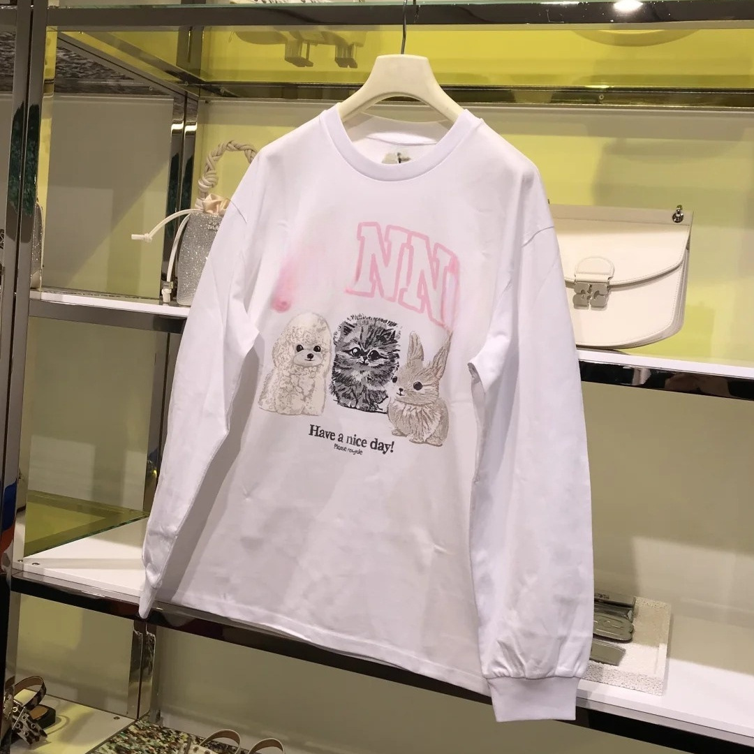 25 Summer Niche Design Letter Poodle Cat Puppy Print Round Neck Loose Long-Sleeved T-Shirt Bottoming Shirt