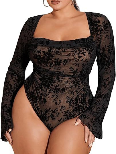 Foreign trade cross-border women's clothing Amazon independent station plus size women's clothing square collar lace pattern design long sleeve jumpsuit women