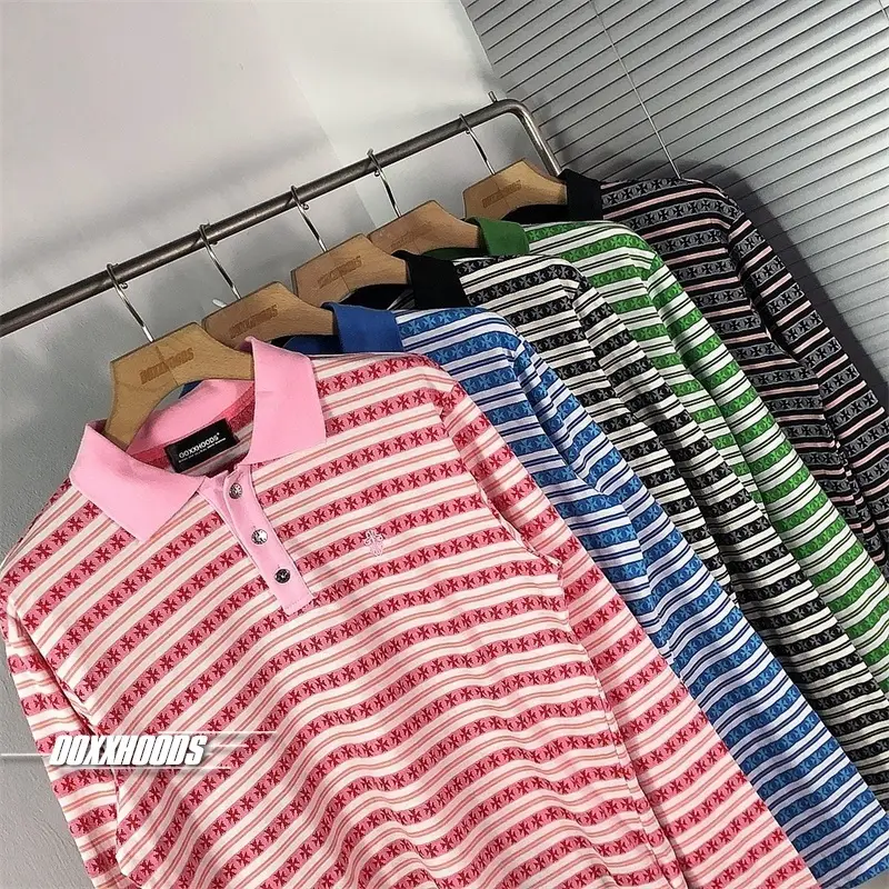 Colorful and Very Flattering, Makes You Look Younger, Striped Dart Cross Collar Polo Trendy Brand European and American Style Long-Sleeved T-Shirt