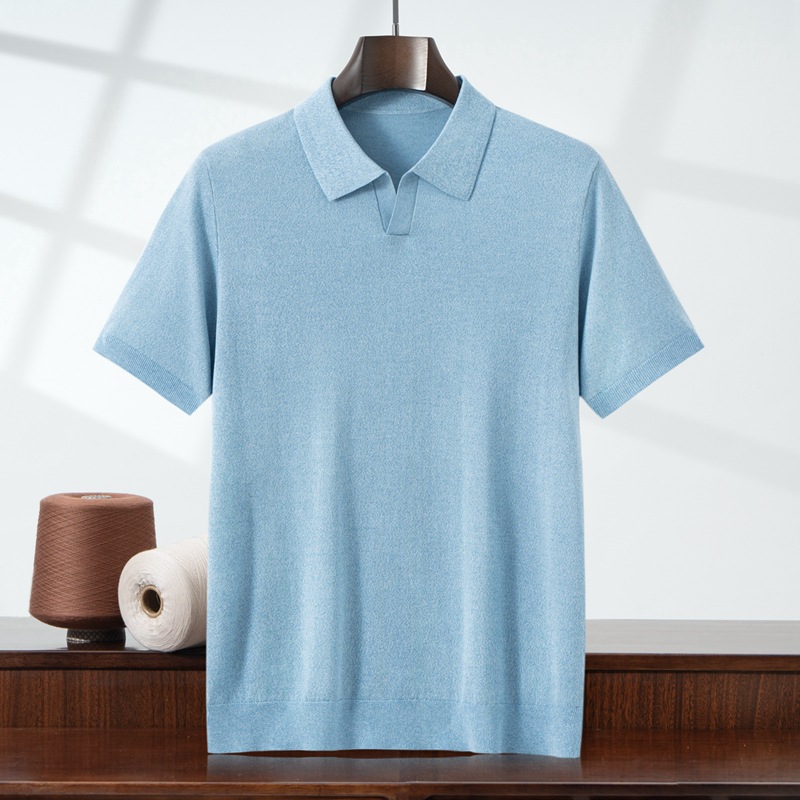 Lyocell Floral Yarn Lapel Short-Sleeve Men's 2026 Spring/Summer Fine Knit Casual Versatile Half-Sleeve T-Shirt Top