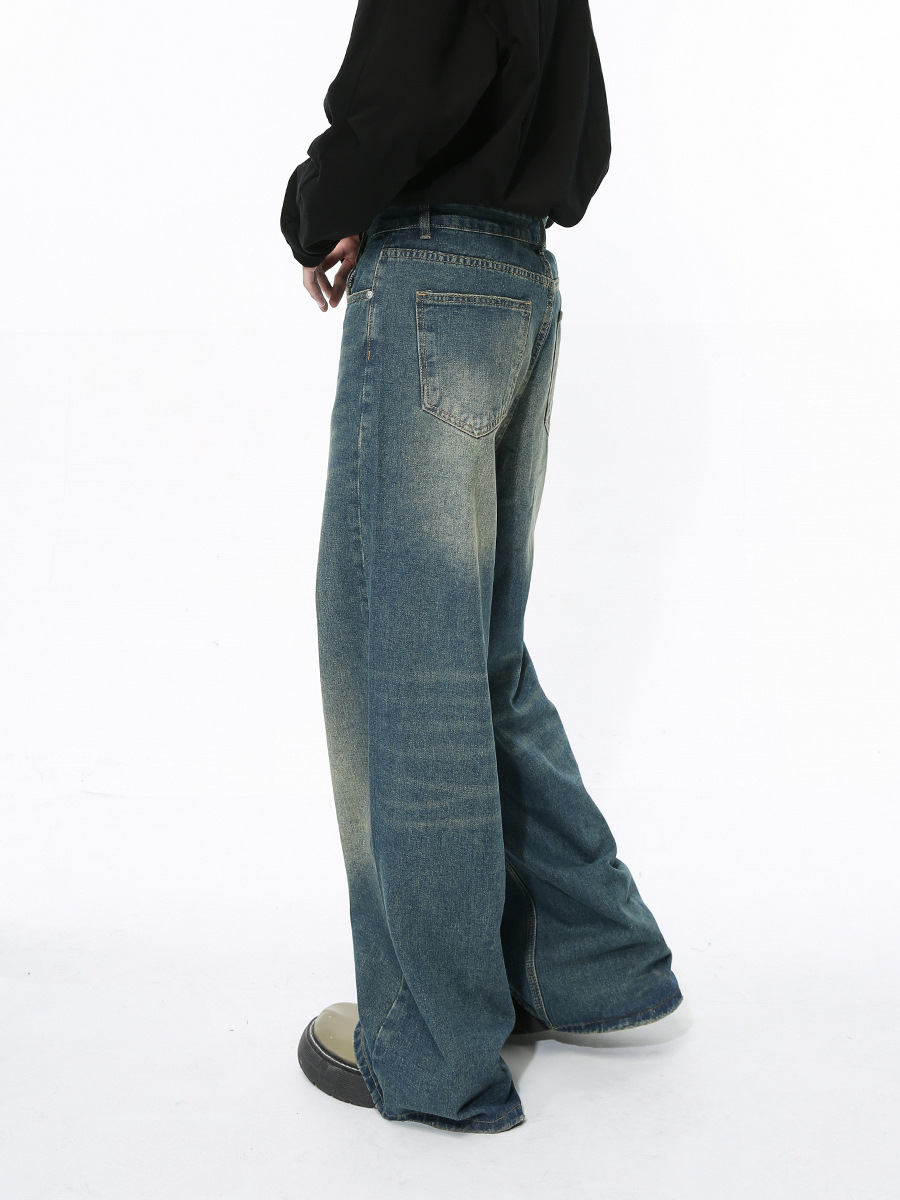 Mtlclothes Men's Clothing | Korean Style Faded Vibe Design Retro Blue Casual Wide-Leg Straight Jeans Trendy