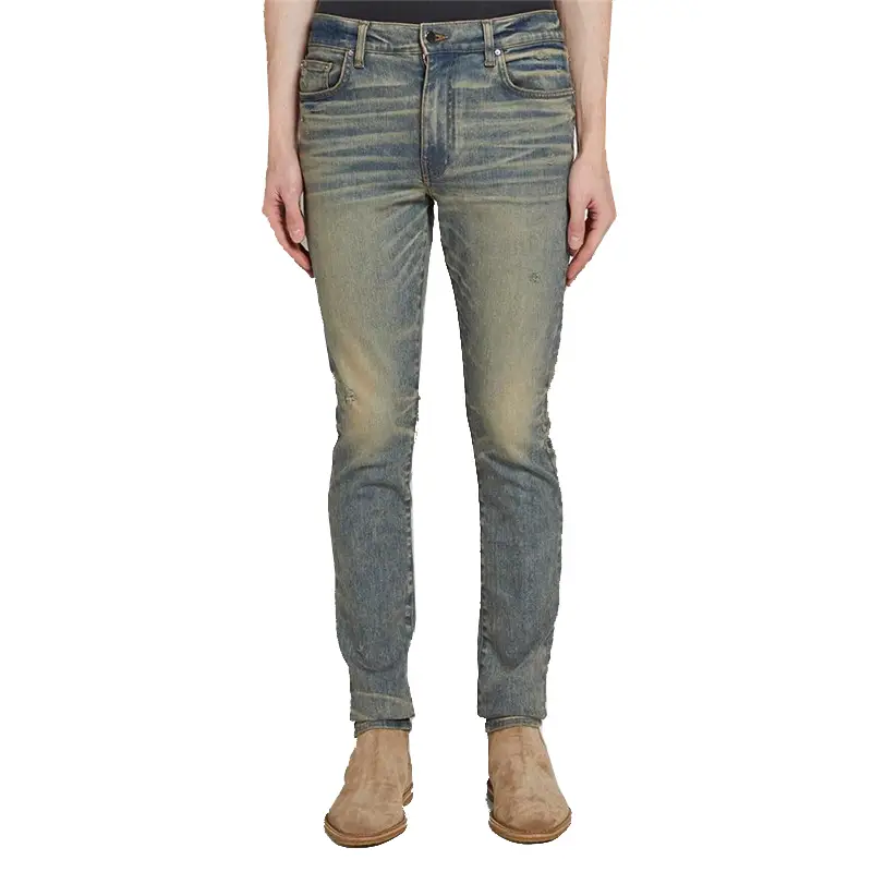 Fashion High Street 23Ss Am Yellow Mud Washed Coating Distressed Worn silm Denim Men and Women Summer High Quality