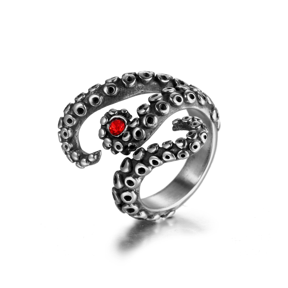 European and American titanium steel ring personalized retro octopus ring stainless steel couple ruby ring SA1132