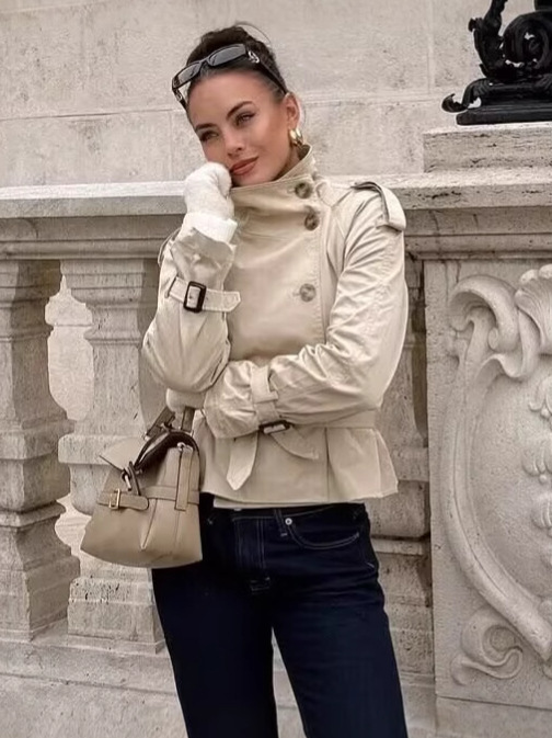 Manufacturer's Ready-Made Foreign Trade Women's Clothing Wholesale 2025 New Long-Sleeved Lace-Up Waist Slanted Placket Double-Breasted Short Jacket