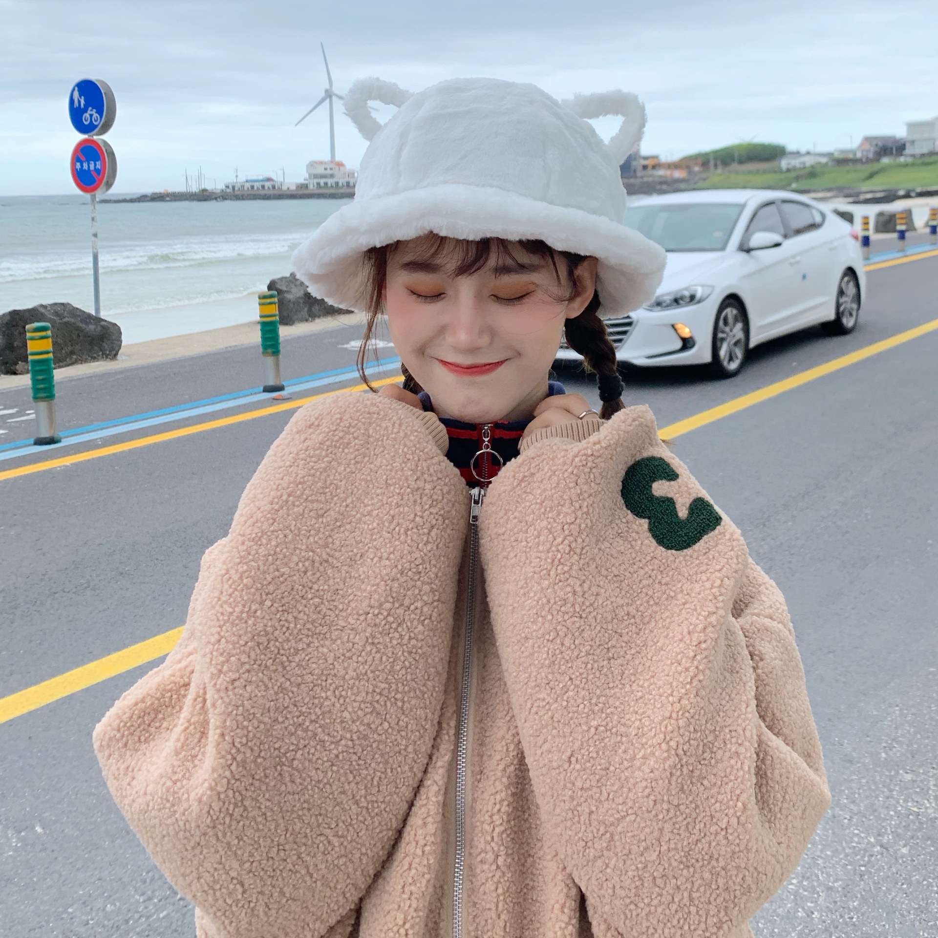 Korean-style ear fisherman hat lamb plush women's cute autumn and winter warm thick net red basin hat student ins tide