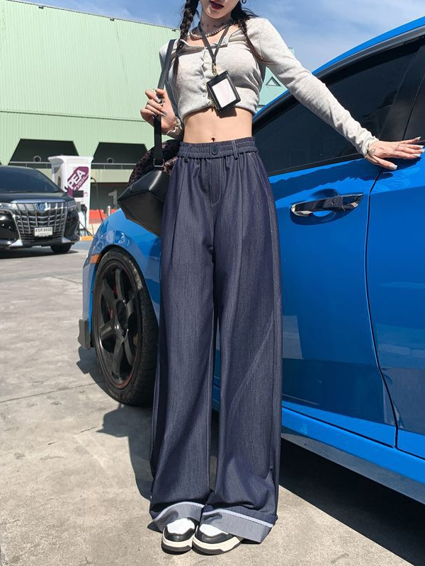 25 Spring and Summer New Simple Super Soft dark blue High Waist Dagging Loose Hip Covering Wide Leg Casual Pants for Women