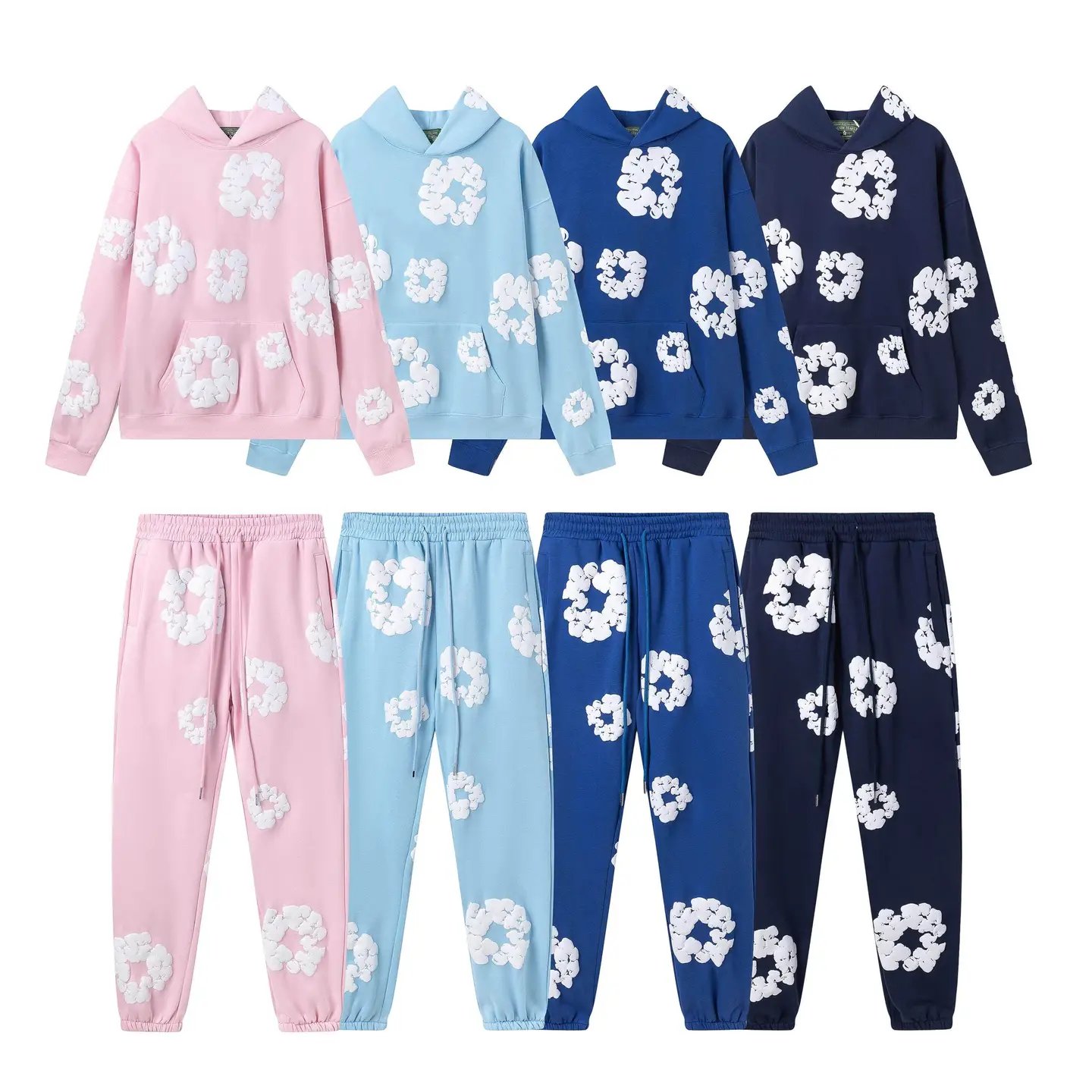 Classic Kapok Printed Set De Men's and Women's Padded Casual Pants Hooded Sweatshirt