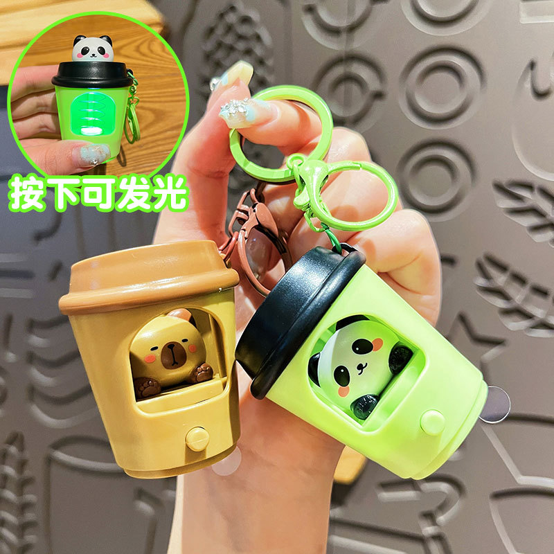 Original Cartoon Luminous Ejection Milk Tea Cup Keychain Cute Panda Capibala Couple Bag Pendant Gift