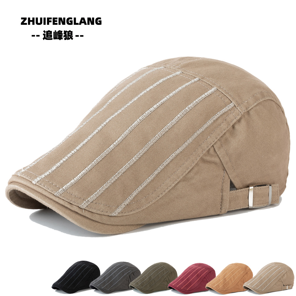 2021 Embroidered Striped Forward Cap Big Head Wai Cap Spring Summer Beret Casual British Autumn Newsboy Cap Youth