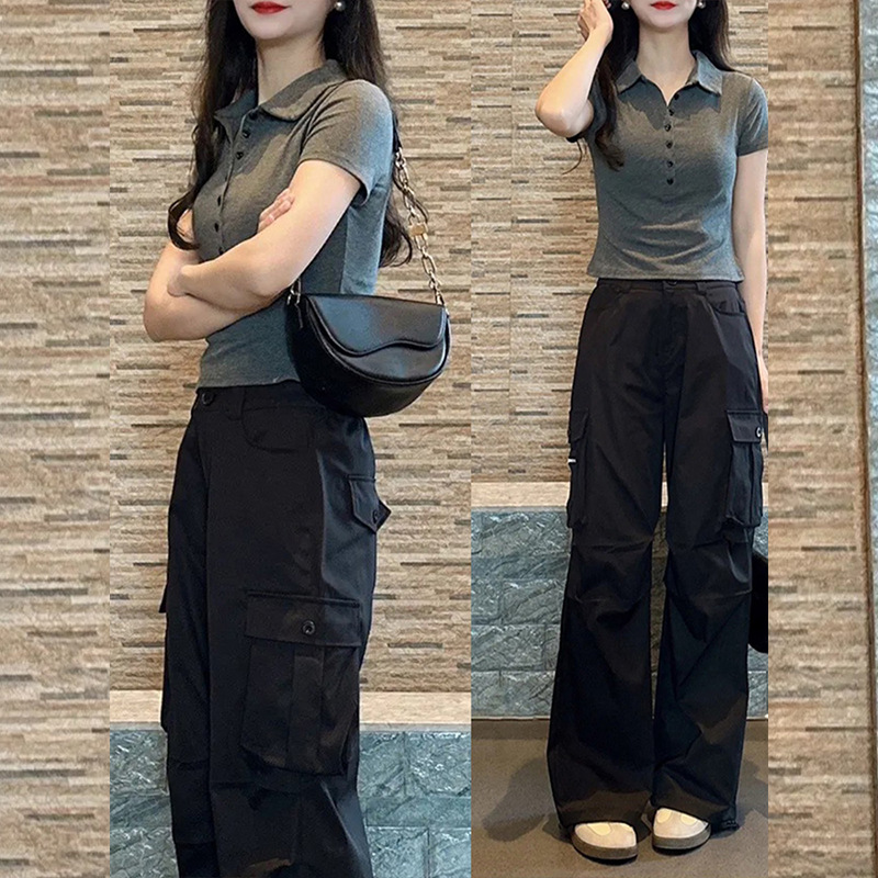 American-Style Right Shoulder Gray Polo Collar Short-Sleeved T-Shirt for Women Summer Pure Cotton Slim Fit Elegant Lapel Chic Top
