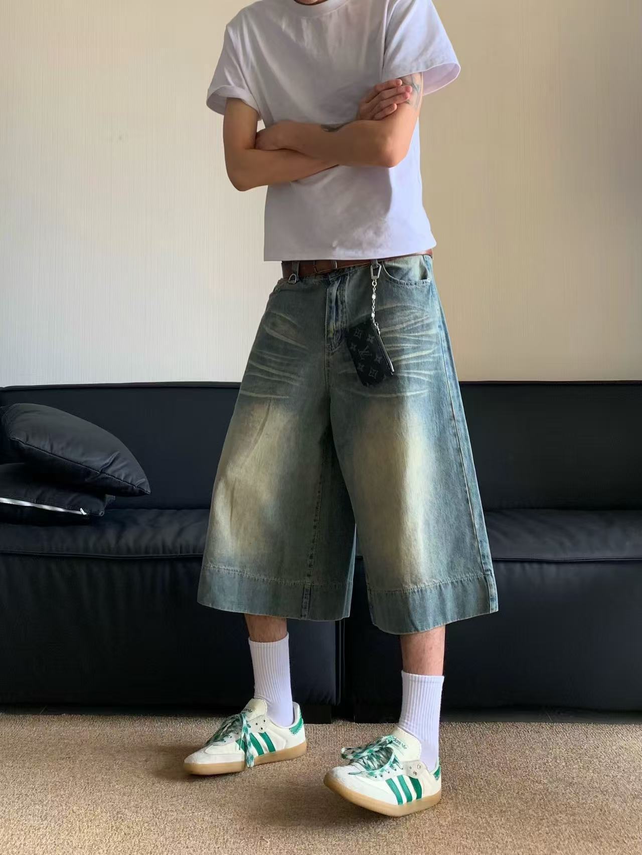 American Style Retro Loose Wide Leg 7-point Jeans Summer Retro Washed Straight Denim Pants Trendy Shorts for Men and Women