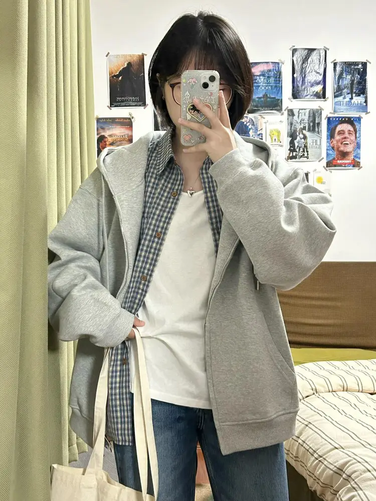 2025 New Hoodie Outwear Autumn and Winter Solid Color Minimalist Small Fleece-lined Thickened All-Matching Hooded Zip Cardigan Female