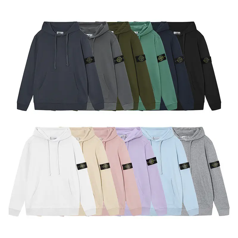 Cross-Border Classic Stone Stone Long-Sleeved Compass Terry Hooded Sweatshirt Pure Color Badge Men and Women Couple Trendy