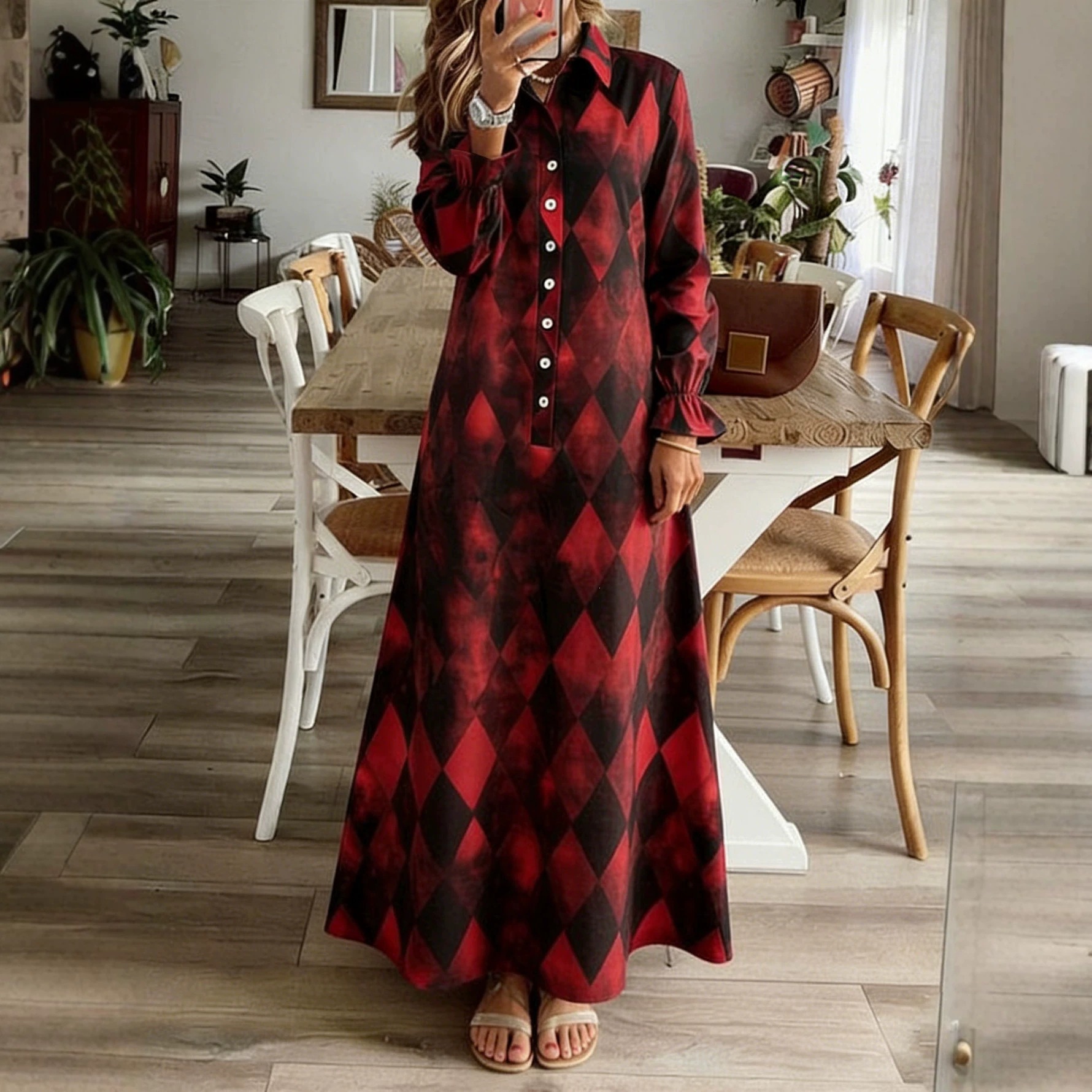 European and American Style Spring and Autumn New Vintage Plaid Gradient Color Shirt with Ruffled Long Sleeves and Loose Pullover Dress