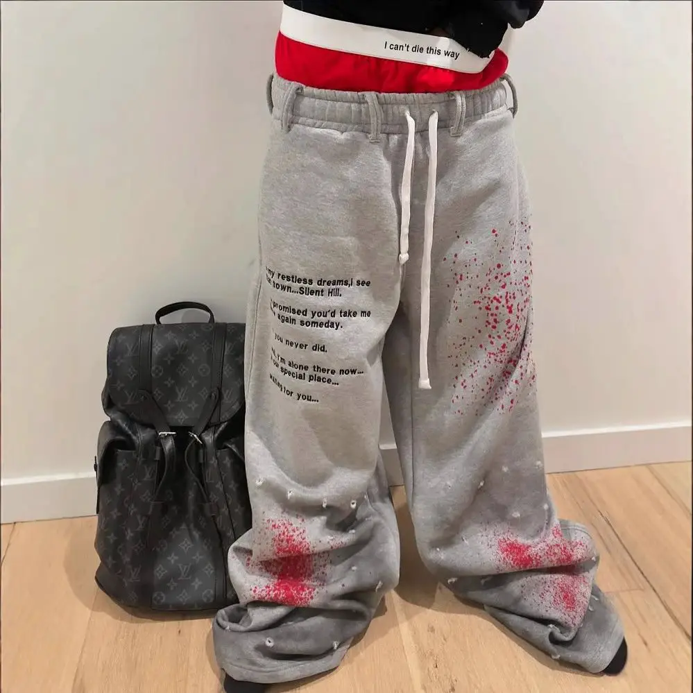 American Gothic Old Inkjet Painted Letter Printed Double-Layer Sports Casual Pants for Men Loose Hip-Hop Rap Street