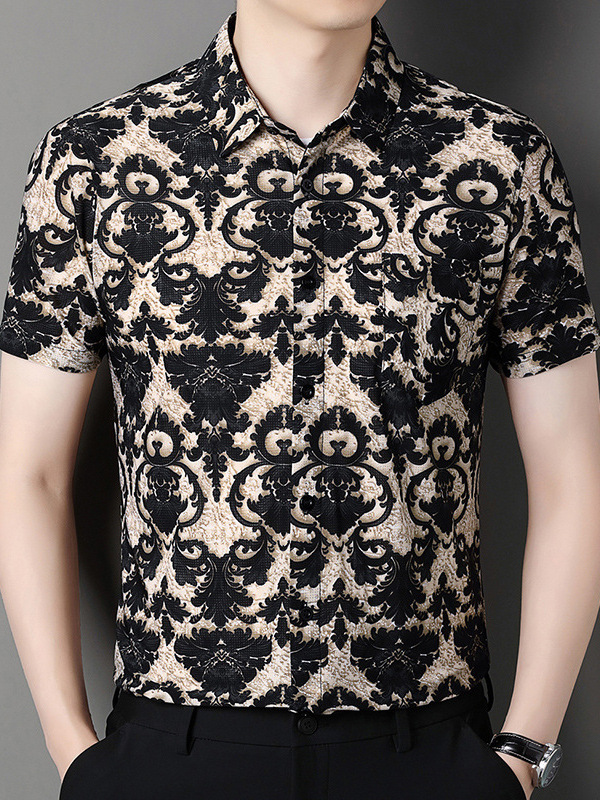 Summer New Men's Short-sleeved Printed Shirt Ice Silk Loose Middle-aged Fashionable Lapel Real Pocket Shirt