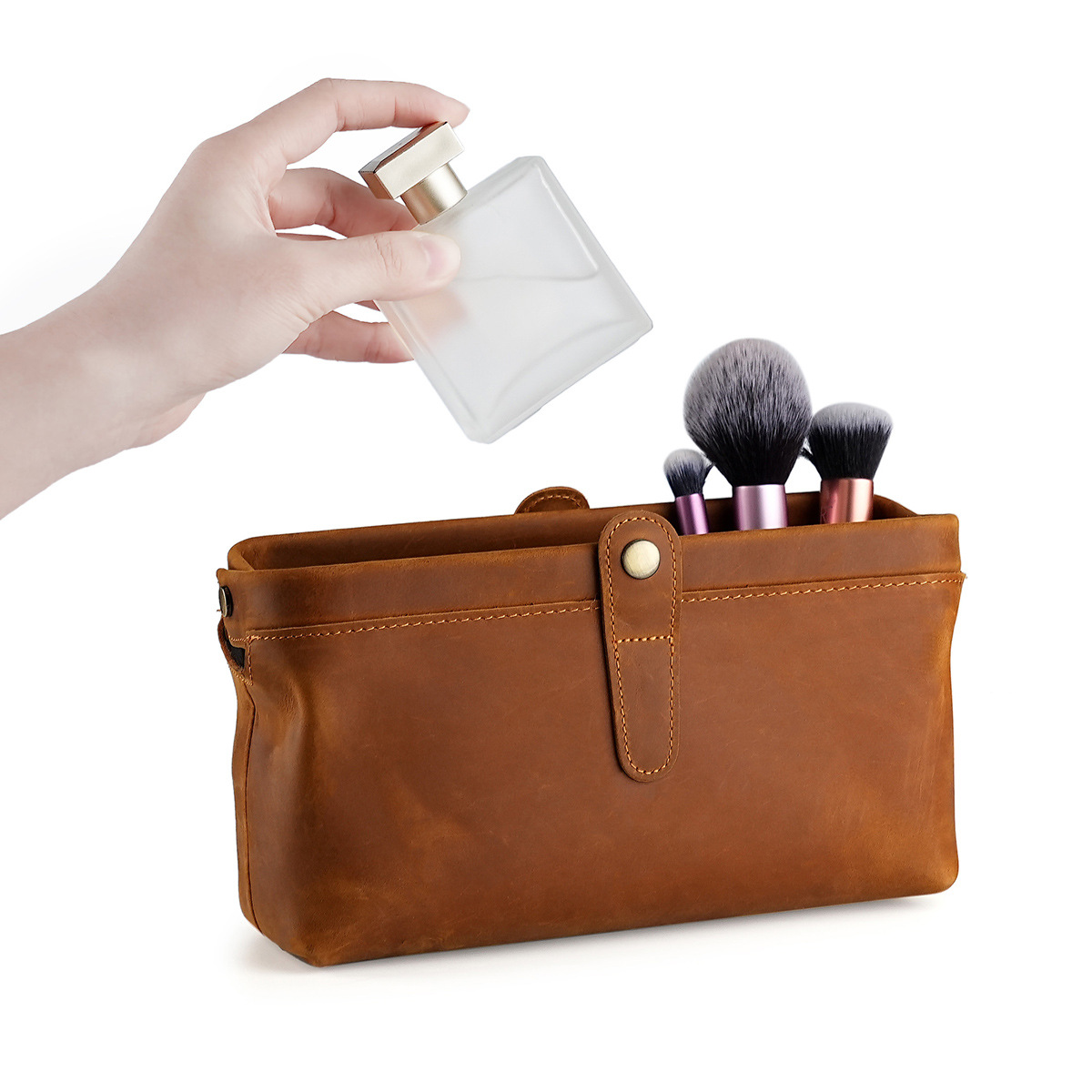 Cross-border Top-layer Cowhide Wash Bag Large Capacity Cosmetic Lipstick Storage Bag Girl's Hand Bag Mobile Phone Bag Genuine Leather
