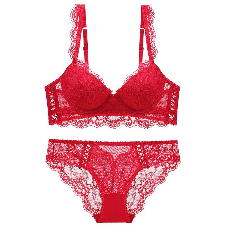 Autumn and Winter Women's Chest-showing Small Steel Rings Gather Top Sexy Underwear Lace Embroidered Underwear Bra Set