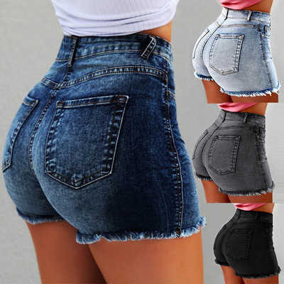 Cross-border wish Amazon eBay women's Denim elastic shorts elastic tassel hole high waist hot pants women's cow