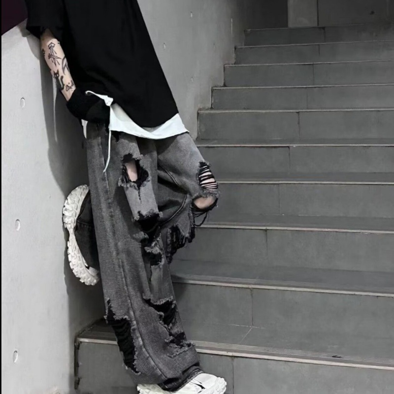 American-style ins old-fashioned ruffian handsome wide-leg ripped jeans 2024 new fashion brand street loose straight trousers men