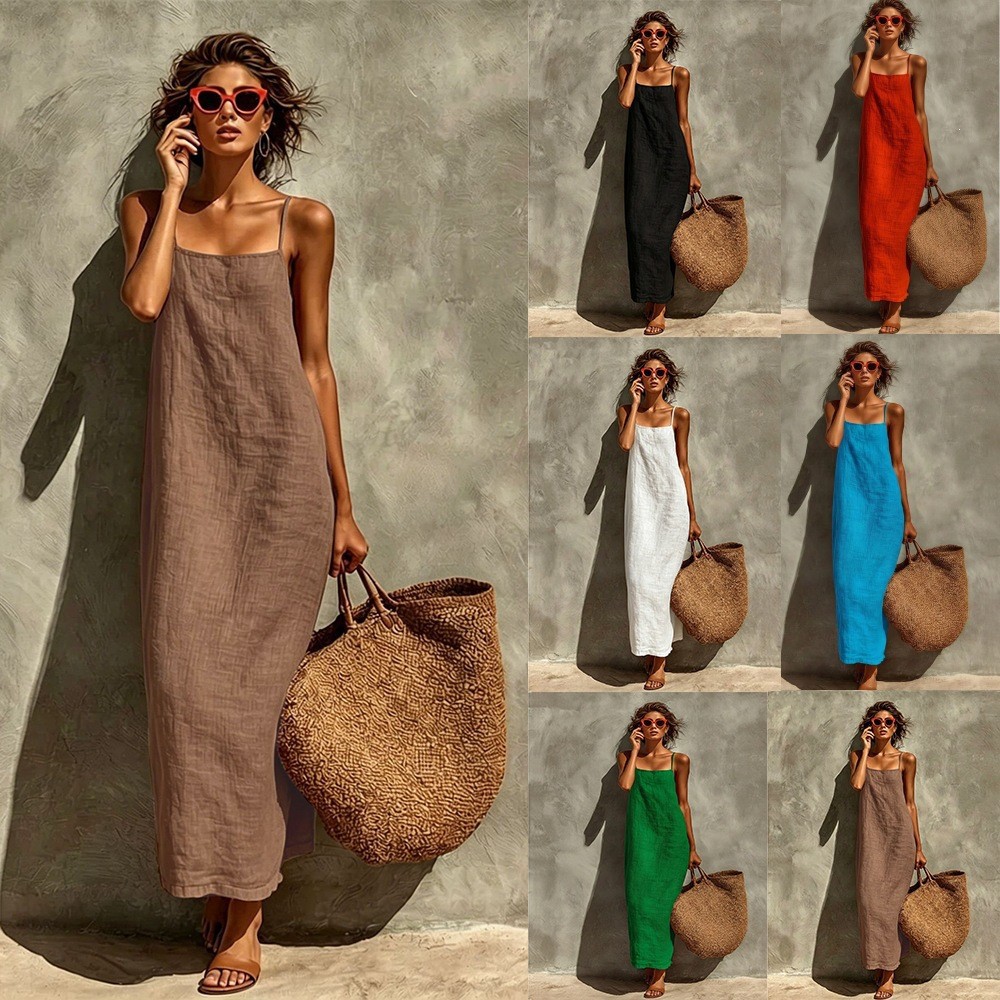 2026 In-Stock European and American Cross-Border Summer New Solid Color Women's Fashion Comfortable Casual Loose Dress
