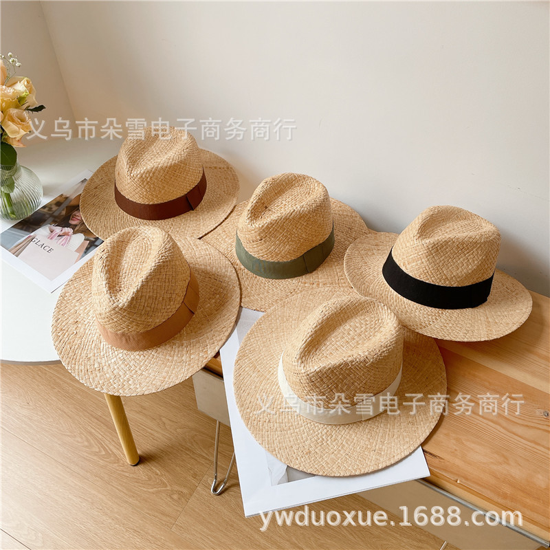 2022 Spring and Summer New Hand-Woven Lafite Straw Ribbon Small Top Hat Men's Wide Brim Lafite Straw Hat Sunshade and Sunscreen Hat for Children