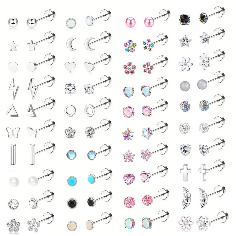 Fine polished lightning stud earrings stainless steel peach heart zircon spiral earrings punk men's and women's lip rings lip studs piercing jewelry