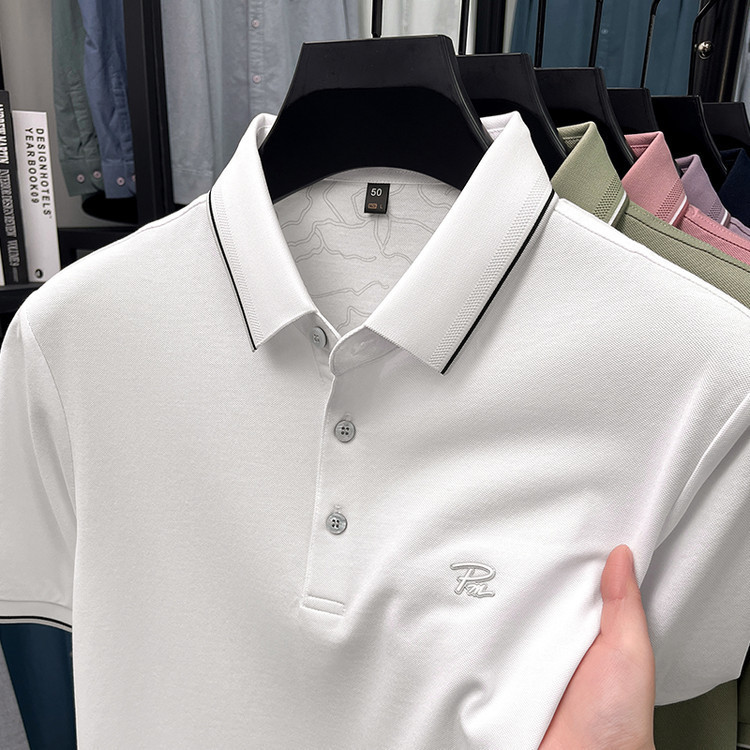 Summer Thin Cotton Lapel T-Shirt for Men, Solid Color, Young Men's Business Casual Short-Sleeve Mercerized Cotton Top