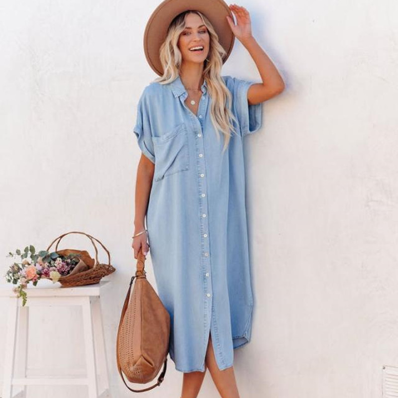 2026 Summer Cross-Border Women's Fashion New Amazon Solid Color Denim Short-Sleeve Long Slit Shirt Dress