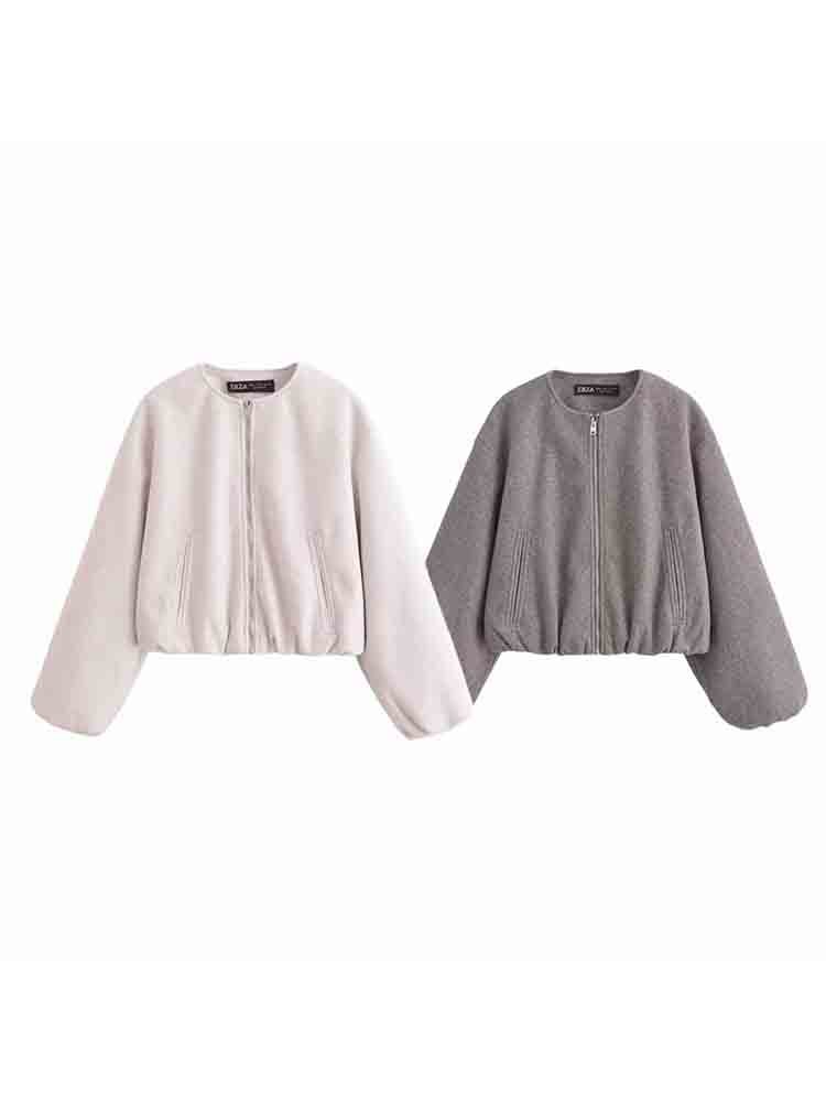Zatrax2024 Spring New Women's Crewneck Pleated Suede Pocket-Trimmed Soft Bomber Jacket Coat