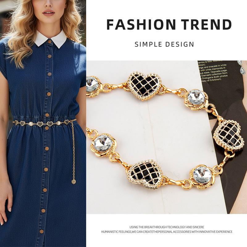 French-Style Vintage Heart-Shaped Metal Waist Chain for Women, Light Luxury Rhinestone Accessory Chain for Denim Skirts and Dresses, Unique Design