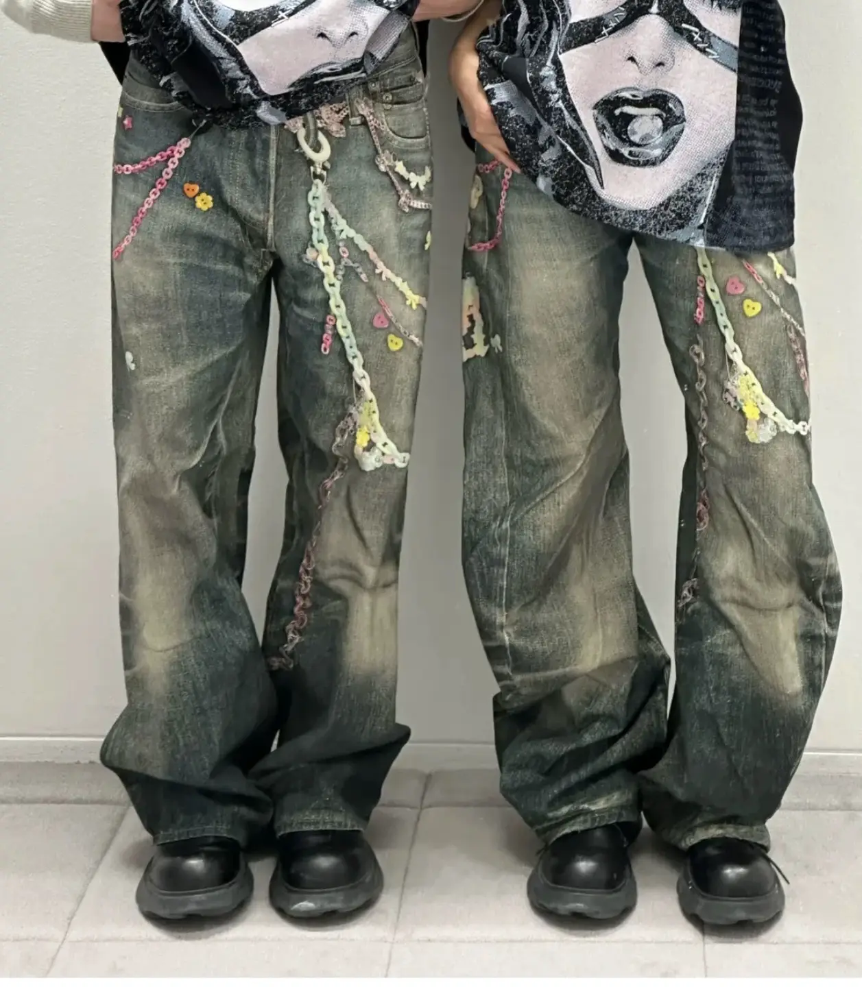 In Stock Ac Style Chain Candy 3D Printed Wide Leg Jeans Denim Straight Leg 1981m Fit