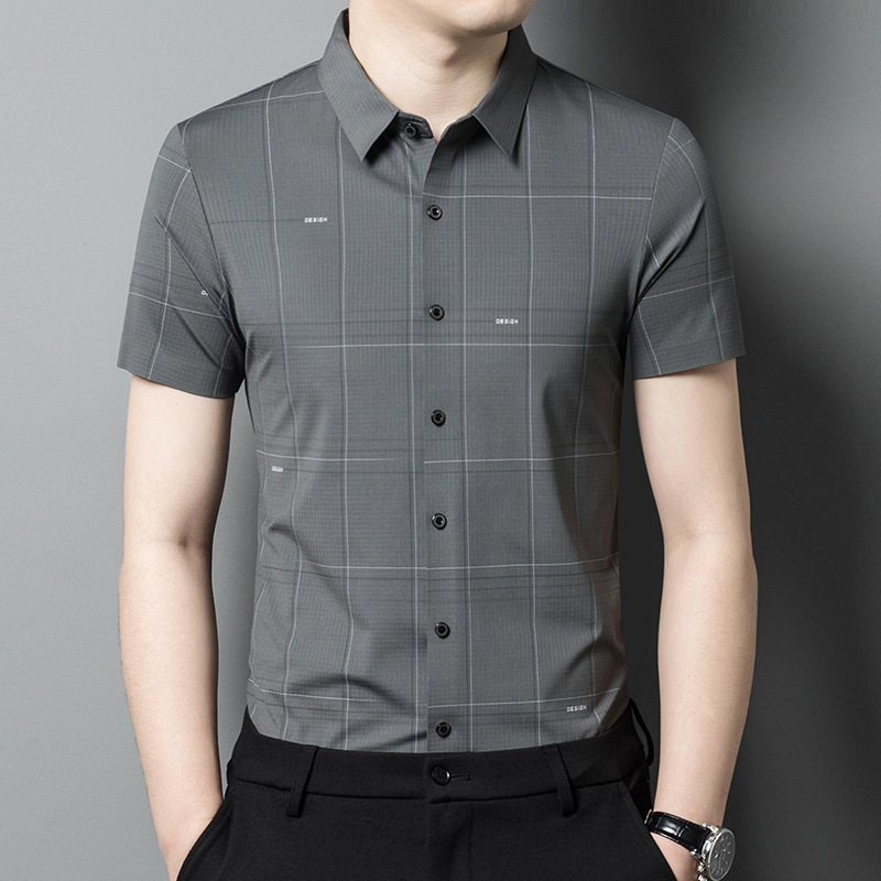 Summer New Style Plaid Fashion Short-Sleeved Shirt for Men, Business Casual Ice Silk Thin Shirt, Anti-Wrinkle Slim Fit, Dropshipping