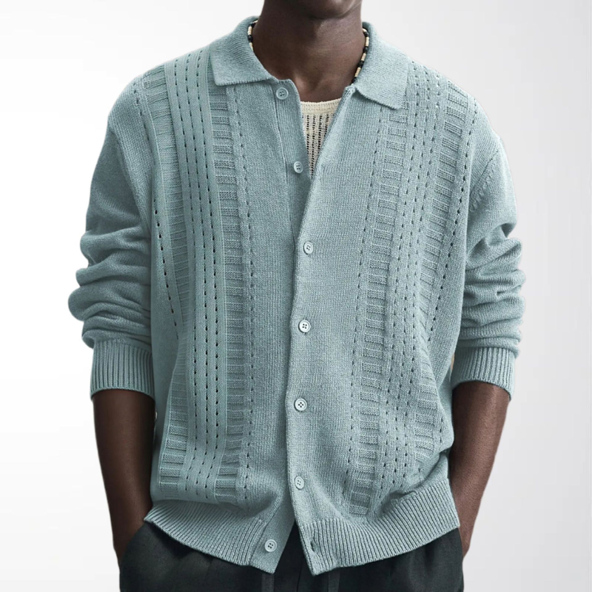 Men's Casual Knitted Cardigan Spring and Autumn Textured Hollow-Out Thin Long-Sleeved Sweater Amazon In-Stock Men's Clothing Sy0195