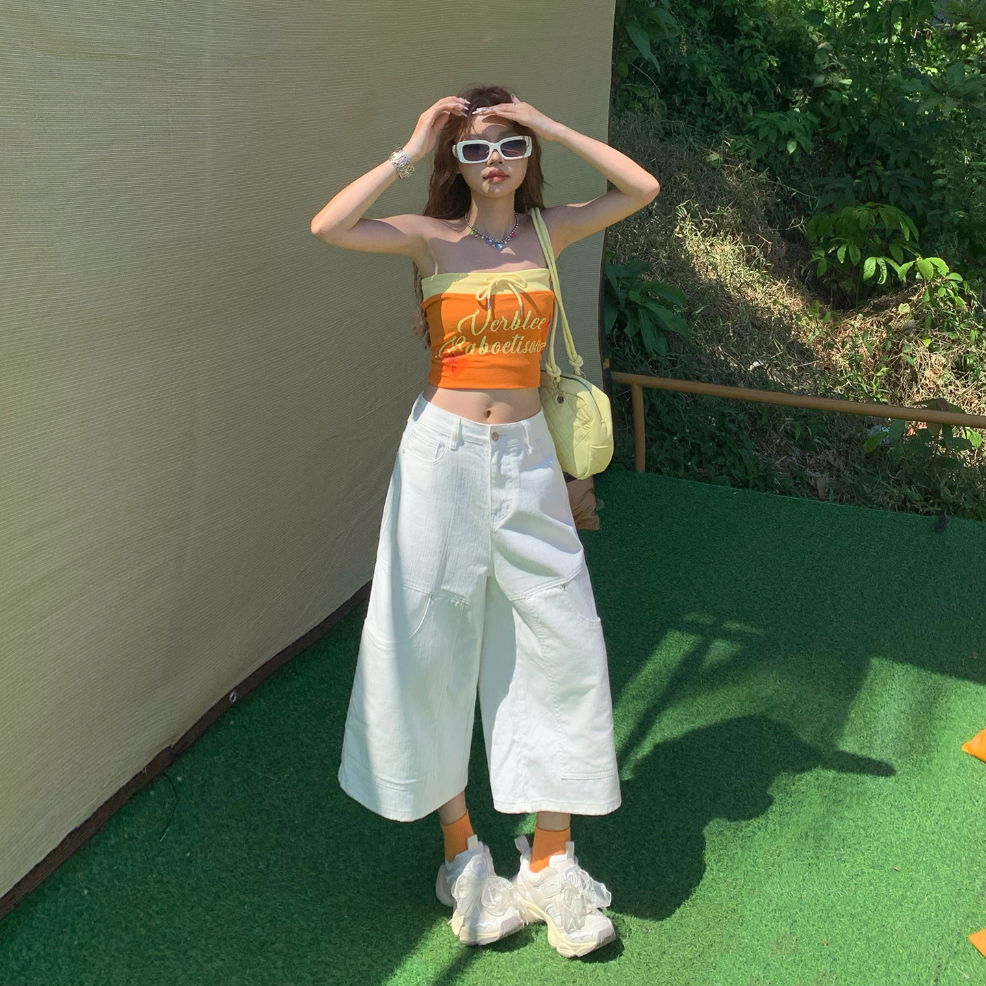 White American-Style Workwear Denim Cropped Pants for Women, Spring and Summer, Loose Casual Wide-Leg Multi-Pocket Shorts, Mid-Length Shorts