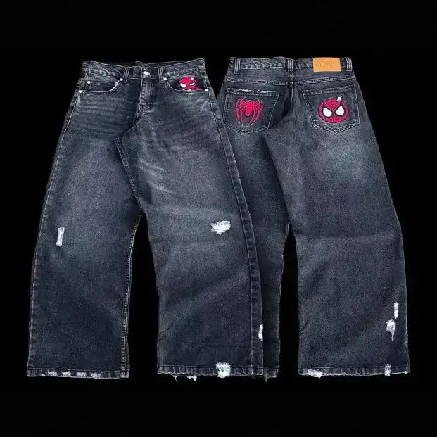 Cross-Border European and American Trendy Brand Q Version Spider-Man Embroidered Jeans Men's High Street Straight Pants Harajuku Style Hip-Hop Floor-Length Pants