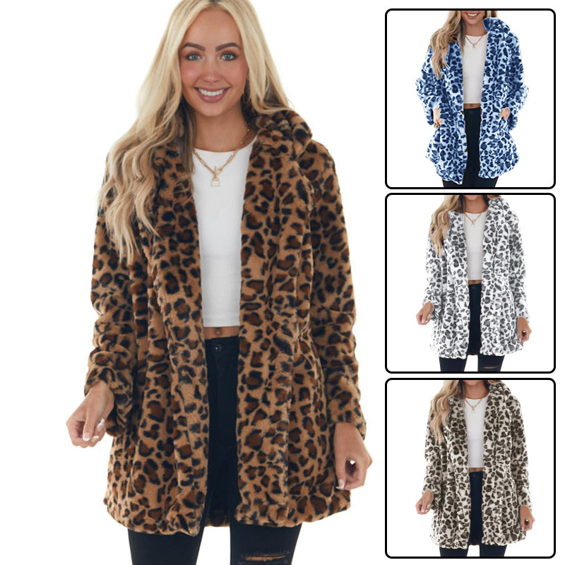 2025 European and American autumn and winter rabbit fur leopard print long women's fashion elegant coat with pocket loose fur plush women