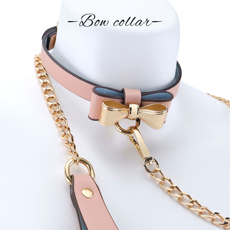 Black gold bow fun collar sm binding female slave props leather collar belt traction a generation of hair
