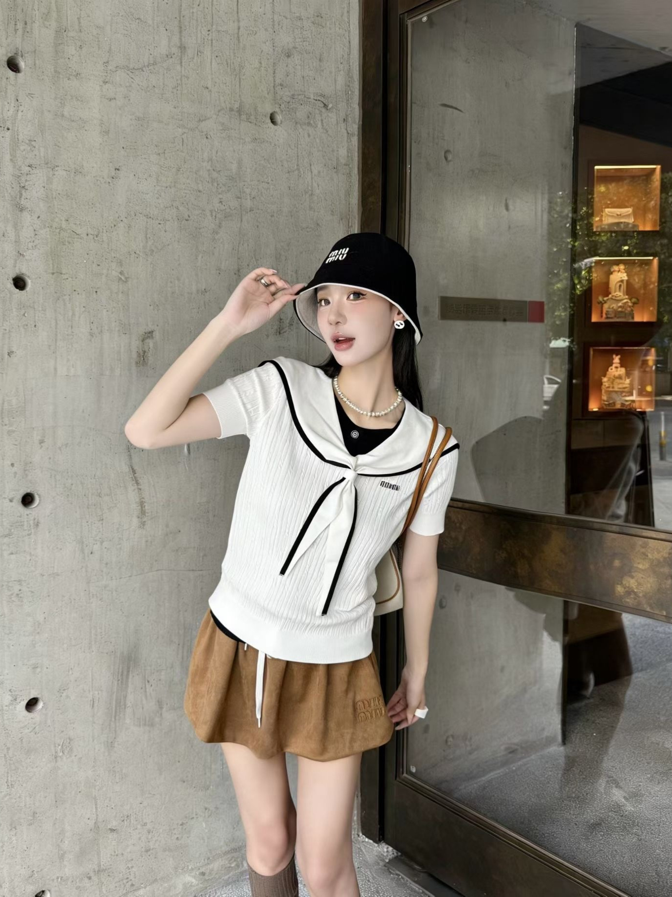 High-End mm Brand 26Th Annual Early Spring New College Style Youthful Navy Collar Bow Tie Short-Sleeve Knit Top for Women