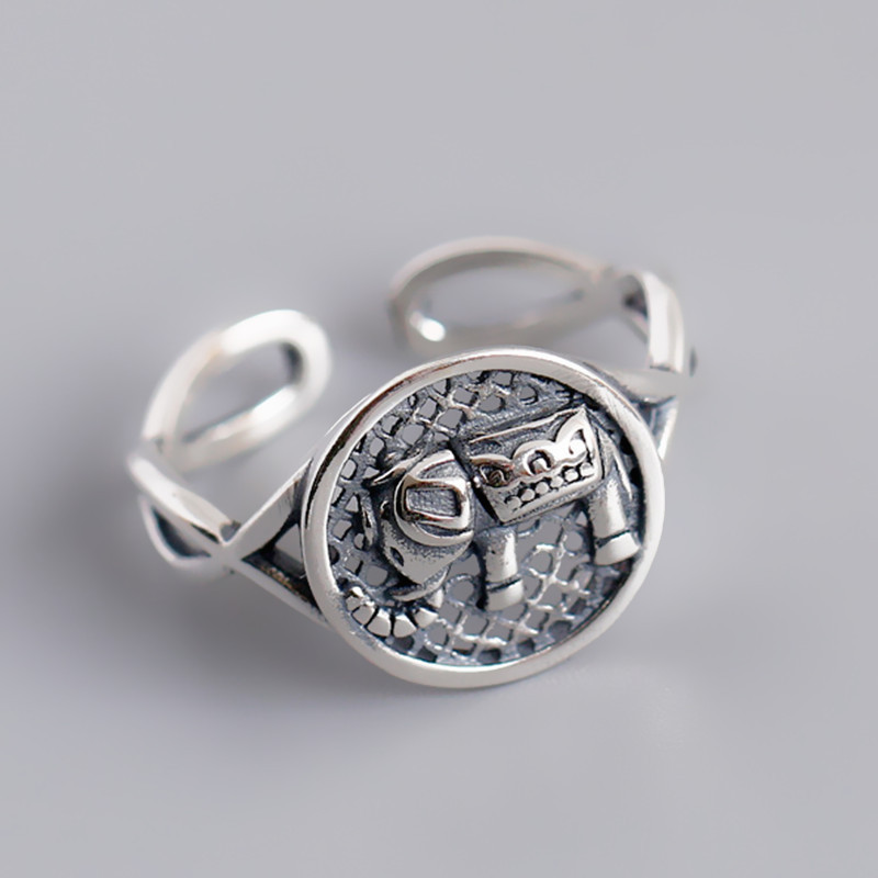 Round brand elephant ring ladies trendy fashion personality Thai silver hollow opening ring wholesale retro baby elephant ring