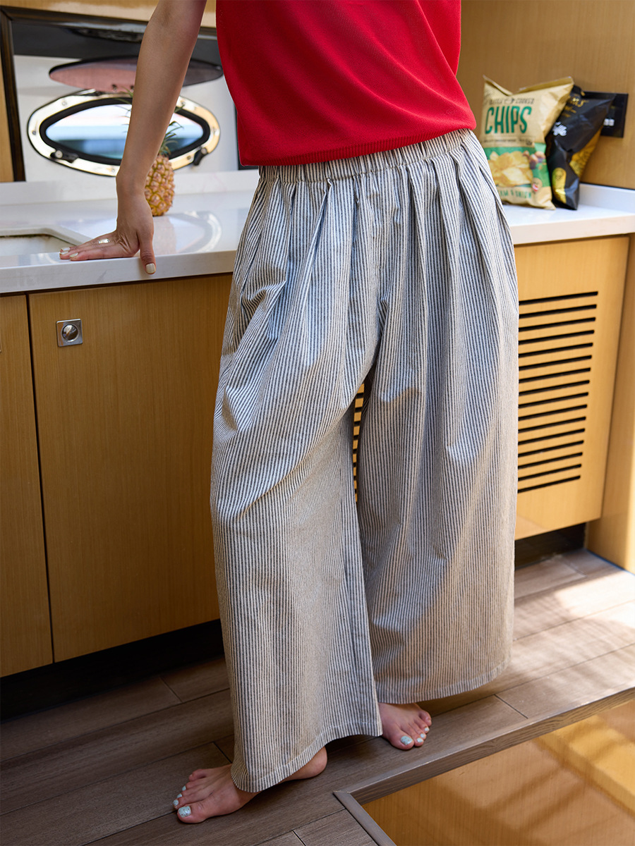Casual Commuting Lazy Striped Loose Wide-Leg Pants for Strolling, New Summer Style Cropped Pants 90329