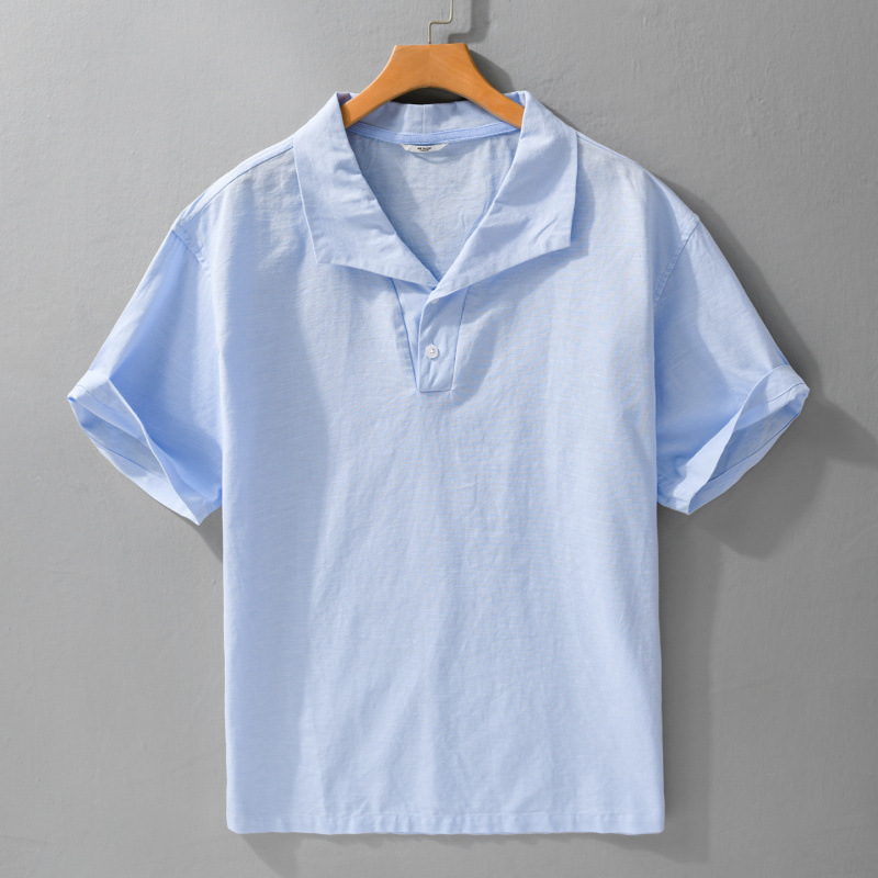 Summer Men's Classic Retro Seagull Collar Polo Shirt Old Money Style National Style Linen Short-Sleeved Shirt 755