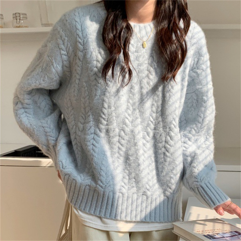 Milk Blue Wheat Ear Pullover Sweater Women's 2024 Autumn and Winter New Korean Loose Twist Thickened Gentle Knitted Top