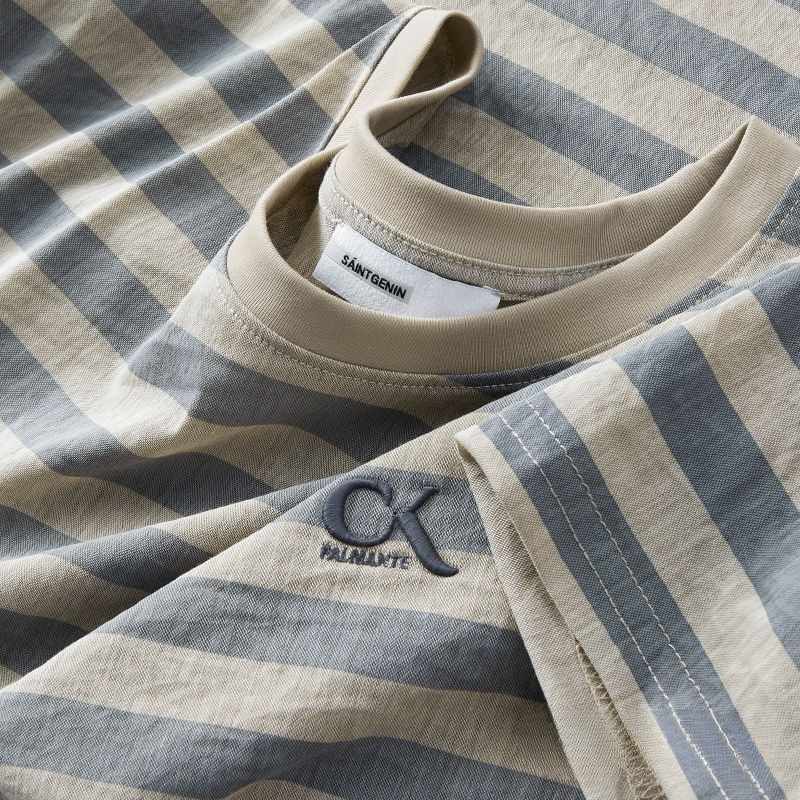 Summer Thin Ice Silk Cotton Linen Striped T-Shirt for Men, Short-Sleeved, Slim Fit, Fashionable Letter Print, Round Neck, Casual Half-Sleeve Men's Shirt