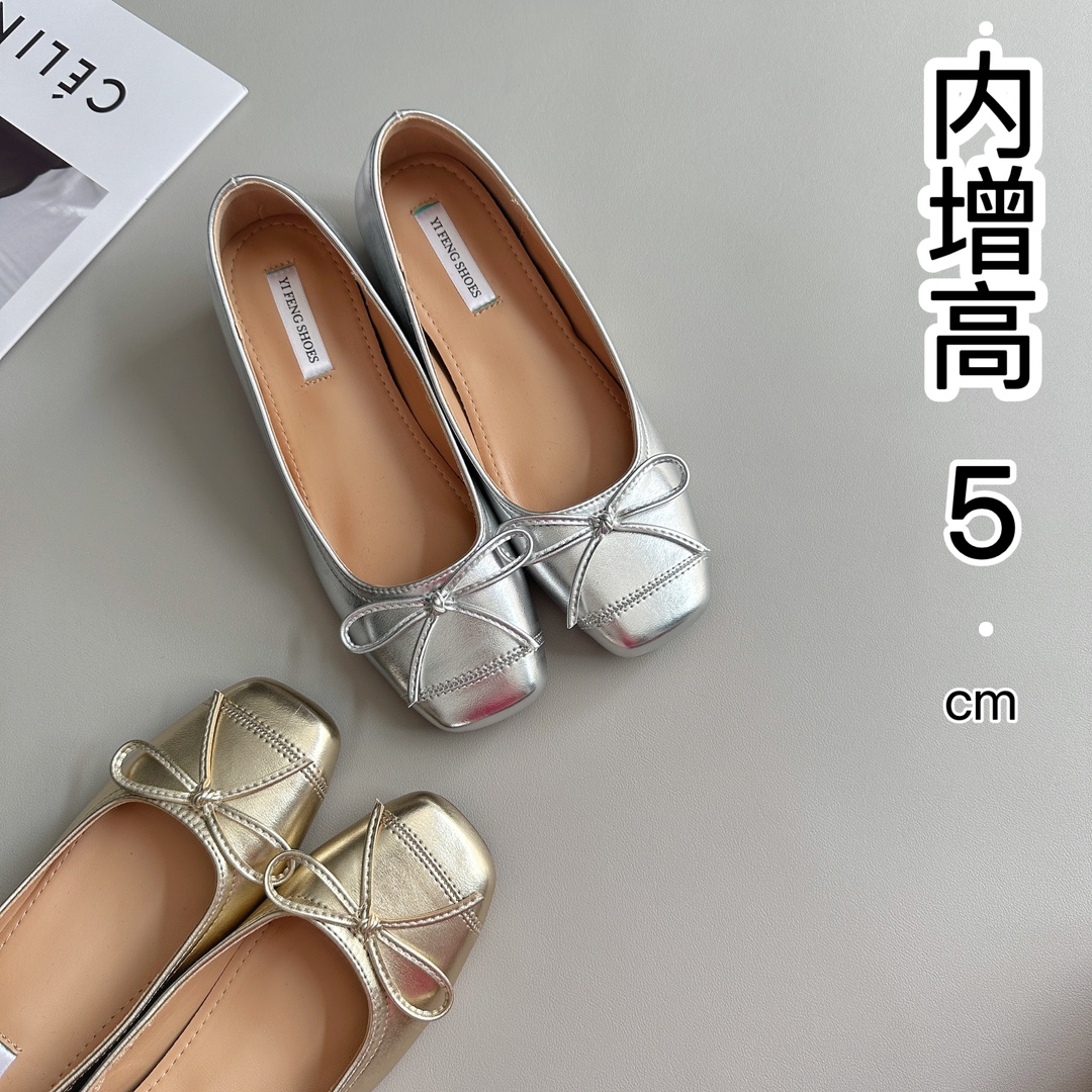 Square Head Bow Height 5cm Ballet Shoes Cool Temperament Commuter Shallow Mouth Shoes Fashion Women's Shoes
