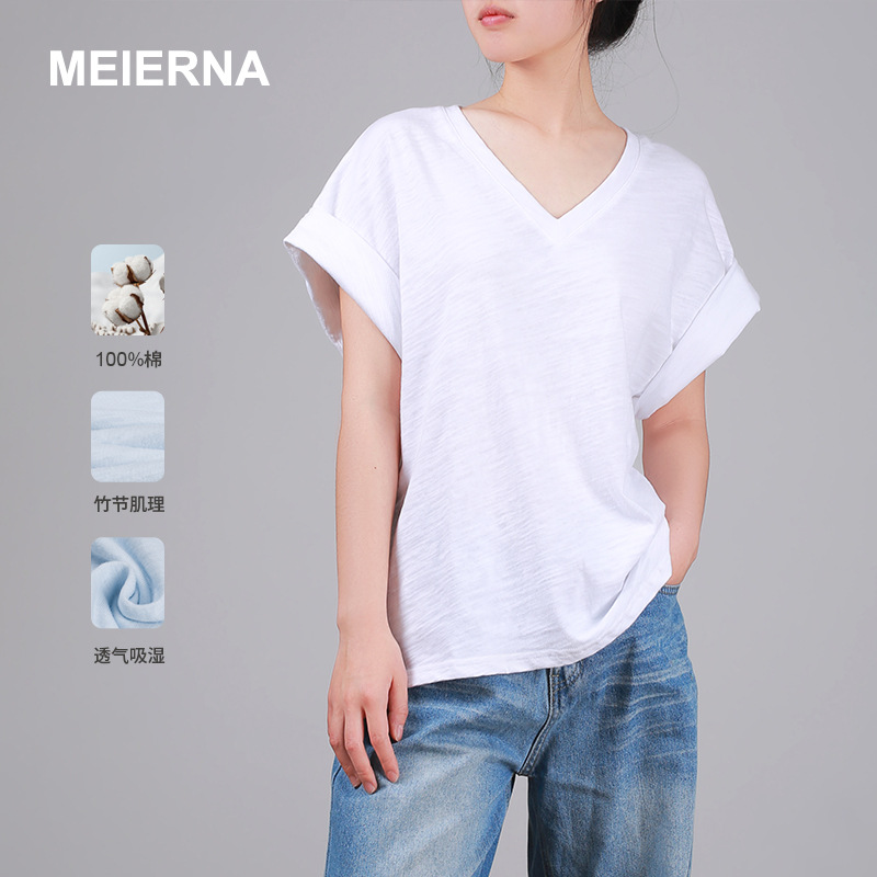 V Neck t Half Cotton Loose T-Shirt Women's Tops 2025 Summer New Korean Women's Pure Cotton Short-Sleeved Mbh053