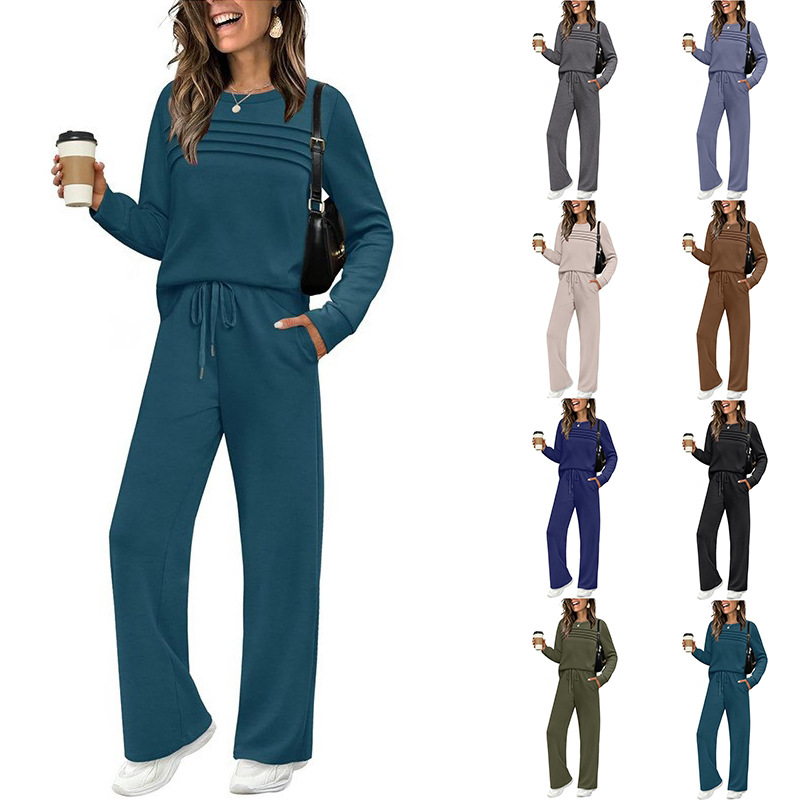 2025 New Autumn and Winter Amazon European and American Style Long-Sleeve Cross-Border Women's Casual Elastic Waist Long Pants Wide-Leg Pants