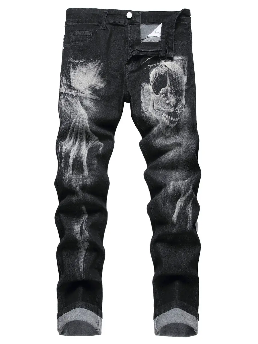 Trendy and Unique Wolf Head Painted Print Men's Slim-Fit Jeans, Men's Nightclub Jeans, Men's Floral Pants, Black Men's Long Pants